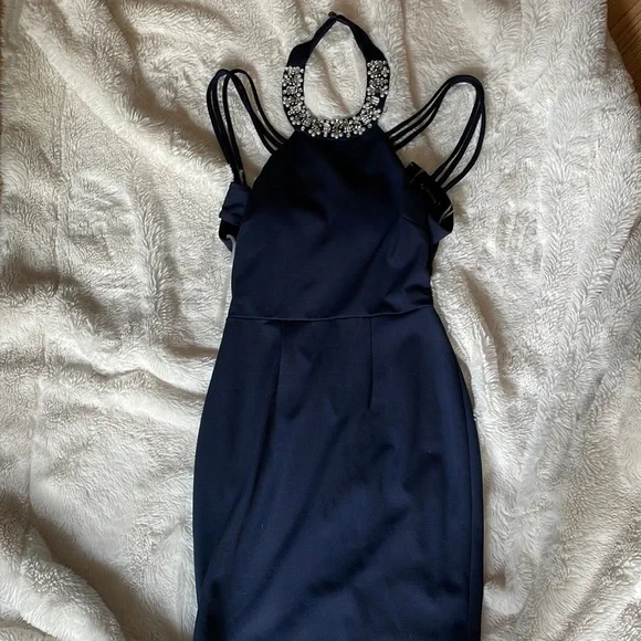 Dresses | Formal Navy Blue Minidress With Straps And Rhinestone Collar  Neckpiece | Poshmark